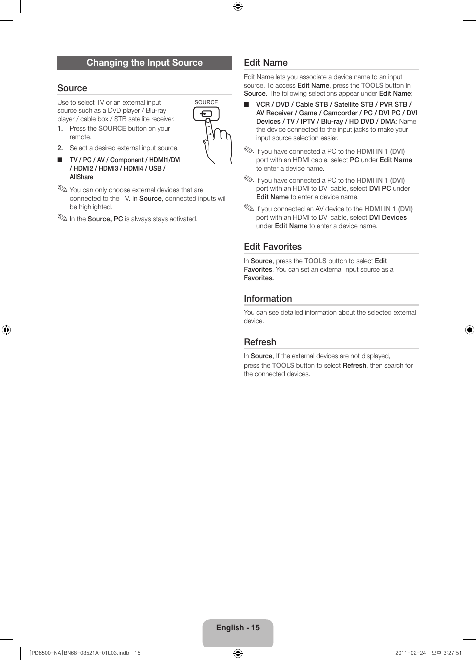 Changing the input source source, Edit name, Edit favorites | Information, Refresh | Samsung PN64D550C1FXZA User Manual | Page 15 / 67