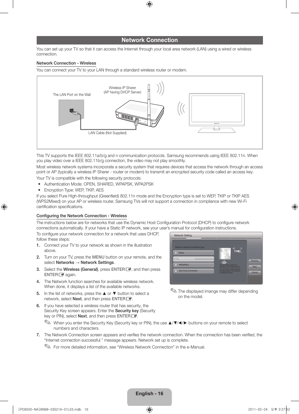 Network connection | Samsung PN64D550C1FXZA User Manual | Page 16 / 67