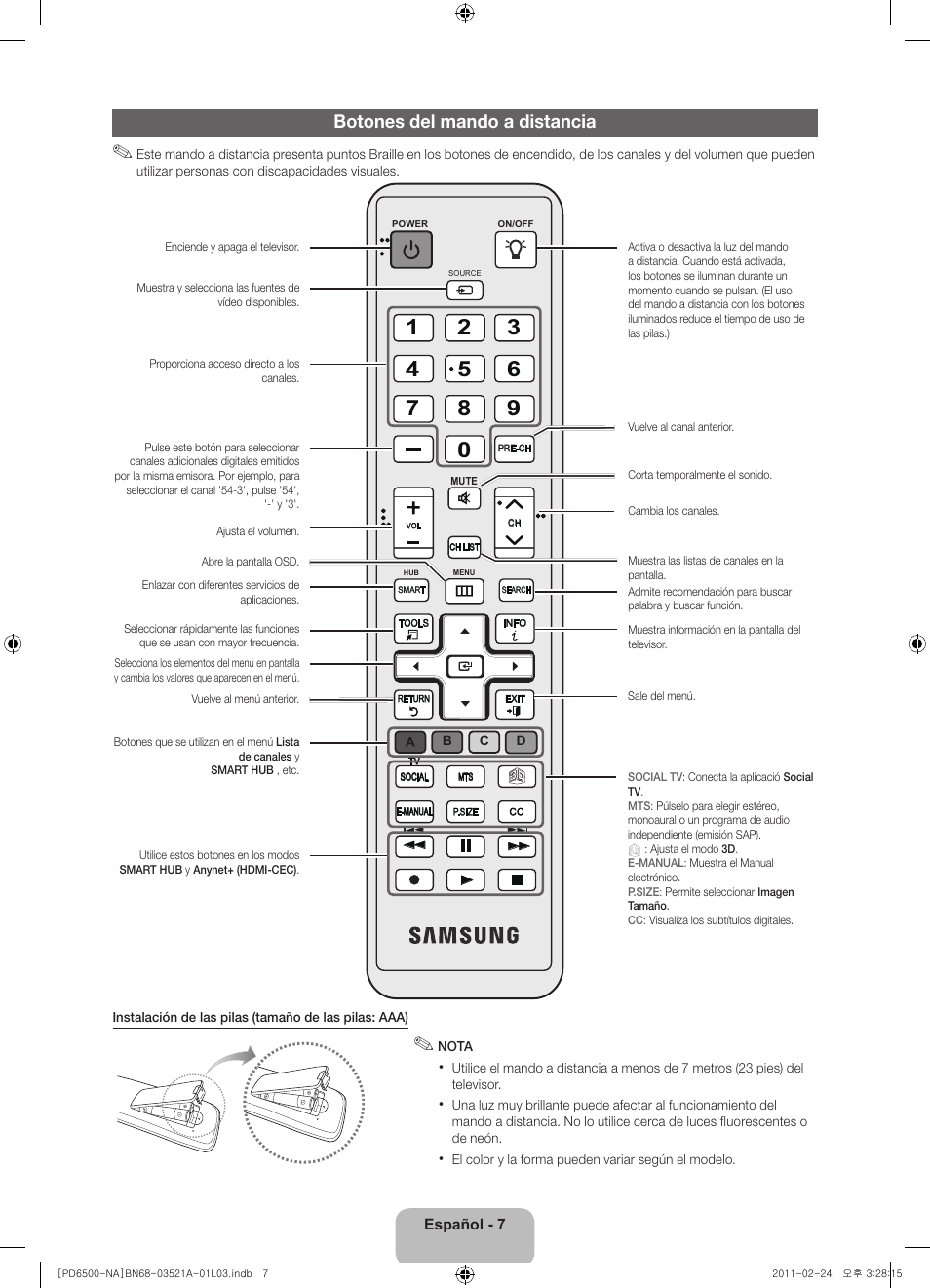 Botones del mando a distancia | Samsung PN64D550C1FXZA User Manual | Page 29 / 67