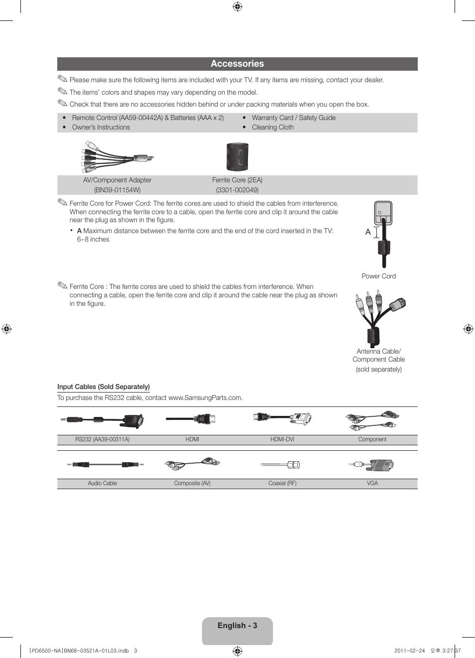 Accessories | Samsung PN64D550C1FXZA User Manual | Page 3 / 67