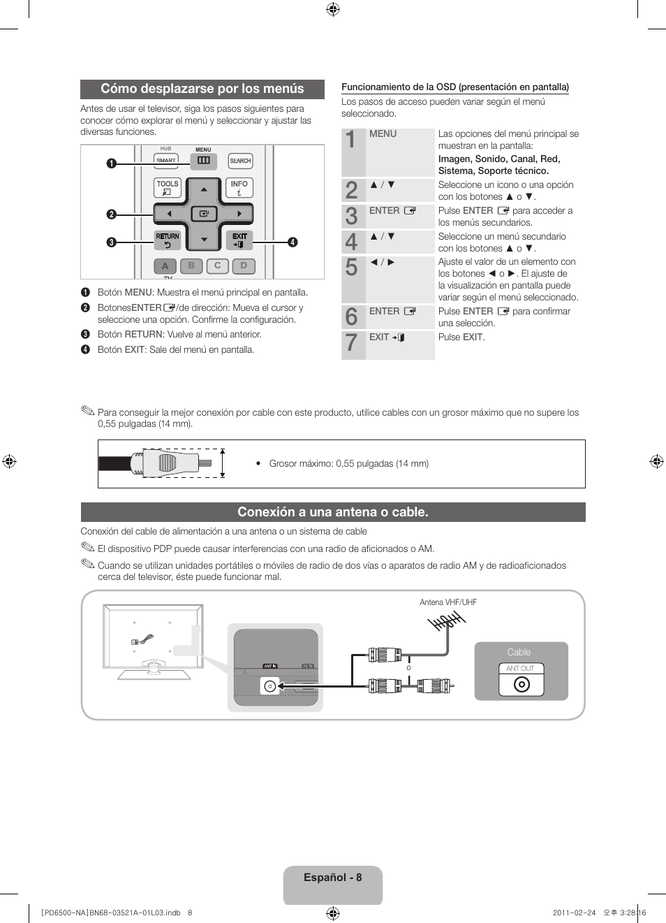 Cómo desplazarse por los menús, Conexión a una antena o cable | Samsung PN64D550C1FXZA User Manual | Page 30 / 67