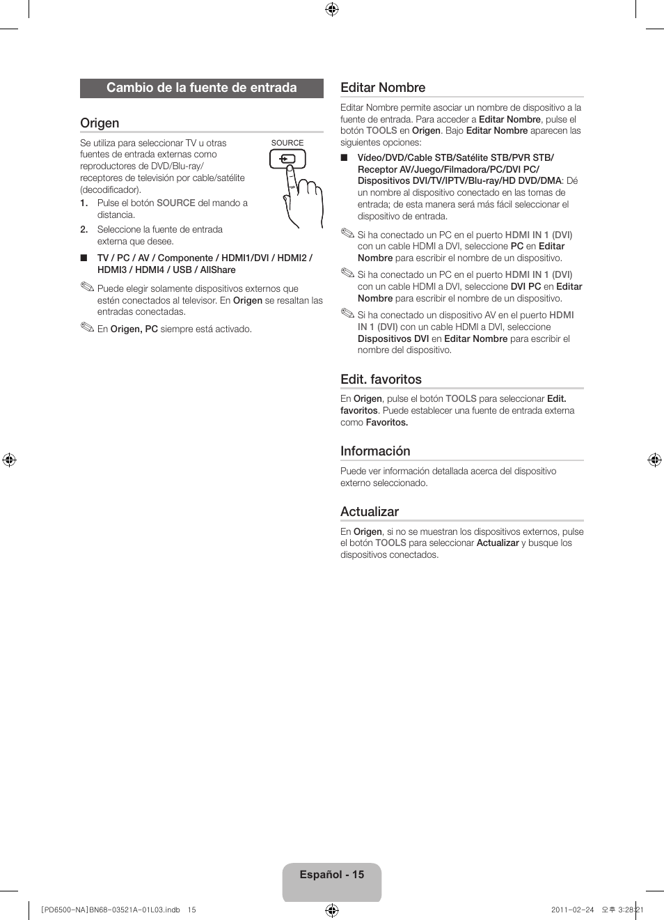 Cambio de la fuente de entrada origen, Editar nombre, Edit. favoritos | Información, Actualizar | Samsung PN64D550C1FXZA User Manual | Page 37 / 67