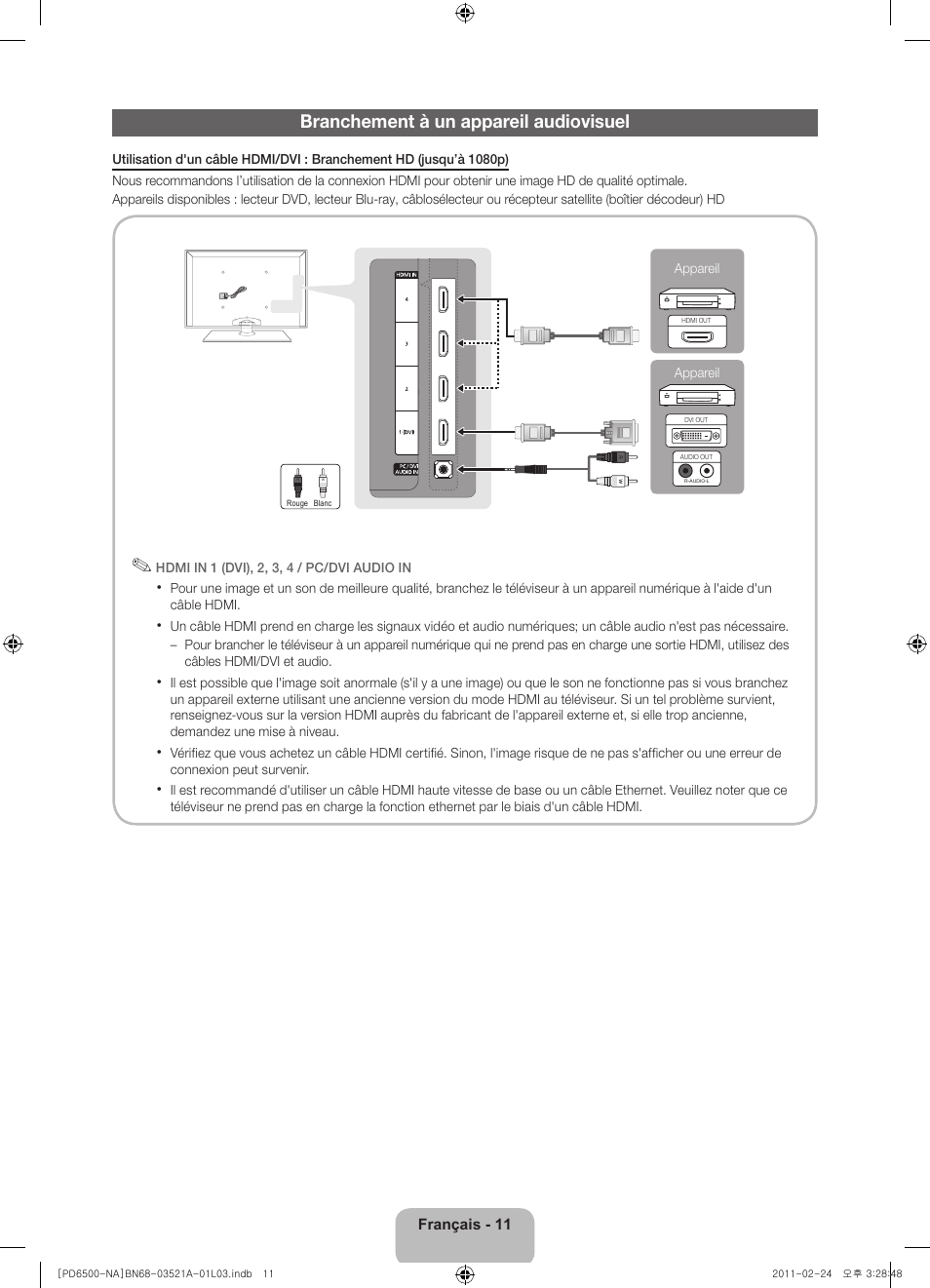 Branchement à un appareil audiovisuel | Samsung PN64D550C1FXZA User Manual | Page 55 / 67