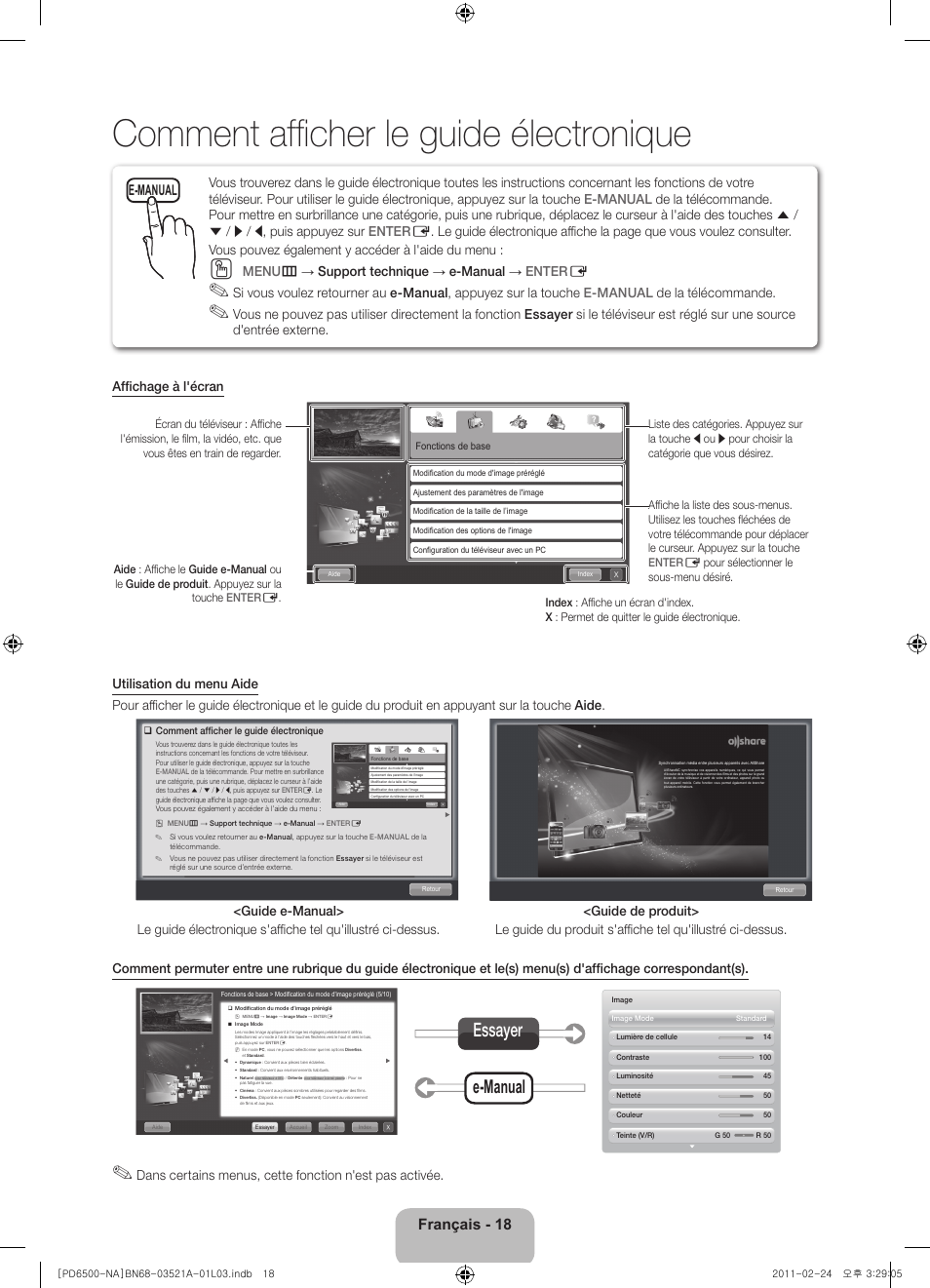 Comment affi cher le guide électronique, E-manual essayer, Français - 18 | E-manual, Menu m → support technique → e-manual → enter e | Samsung PN64D550C1FXZA User Manual | Page 62 / 67