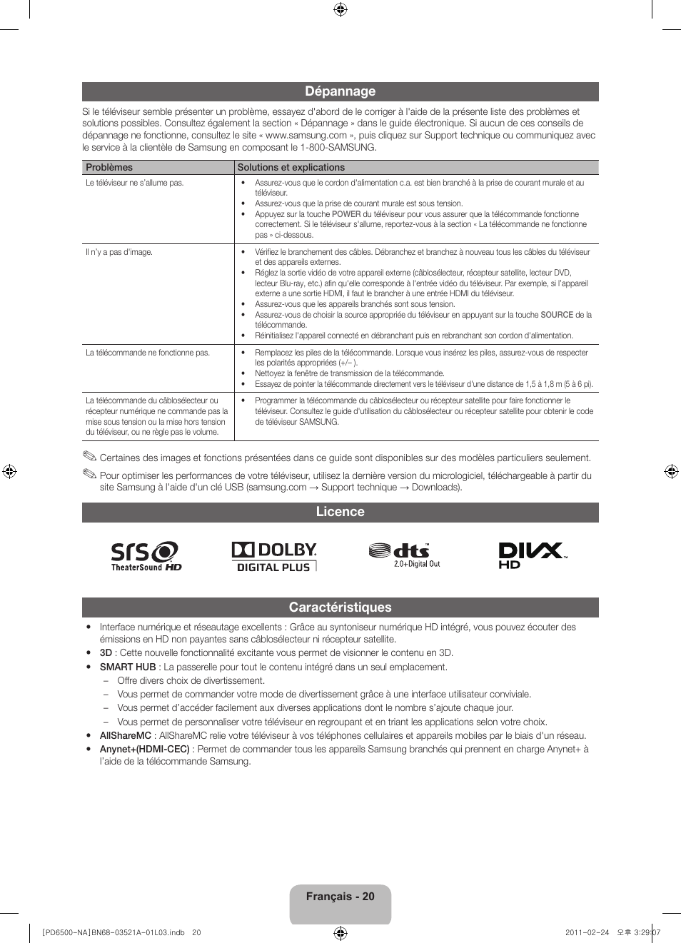 Dépannage, Licence, Caractéristiques | Samsung PN64D550C1FXZA User Manual | Page 64 / 67