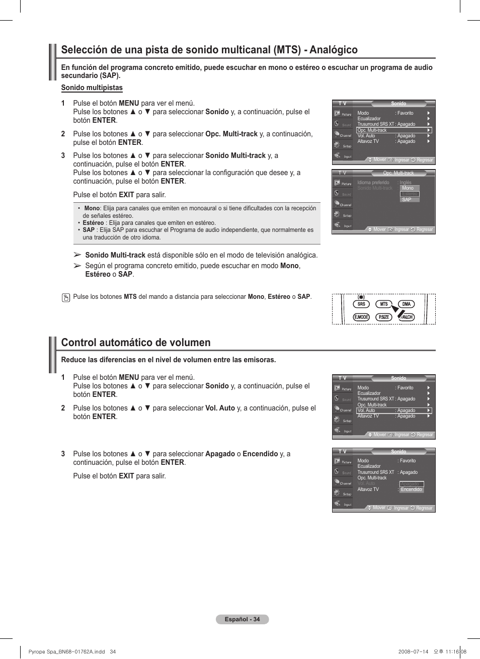 Control automático de volumen | Samsung PL50A440P1DXZX User Manual | Page 106 / 145