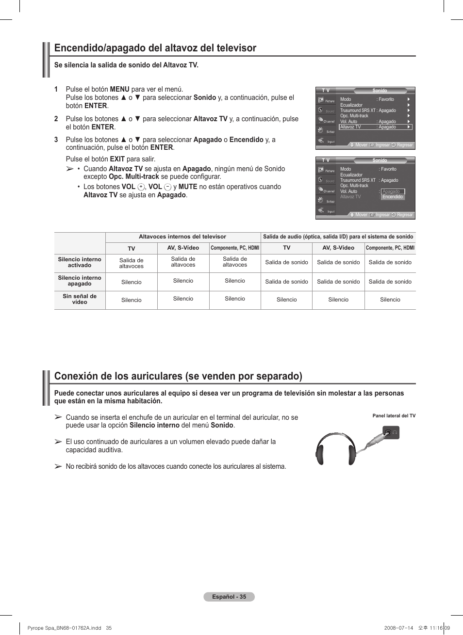 Encendido/apagado del altavoz del televisor | Samsung PL50A440P1DXZX User Manual | Page 107 / 145