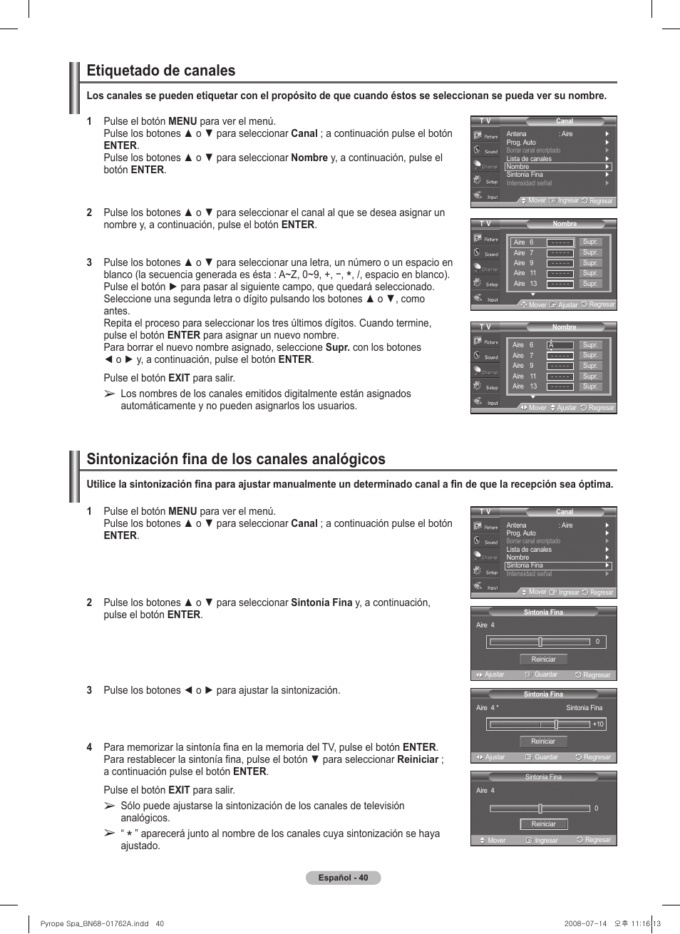 Etiquetado de canales, Sintonización fina de los canales analógicos | Samsung PL50A440P1DXZX User Manual | Page 112 / 145