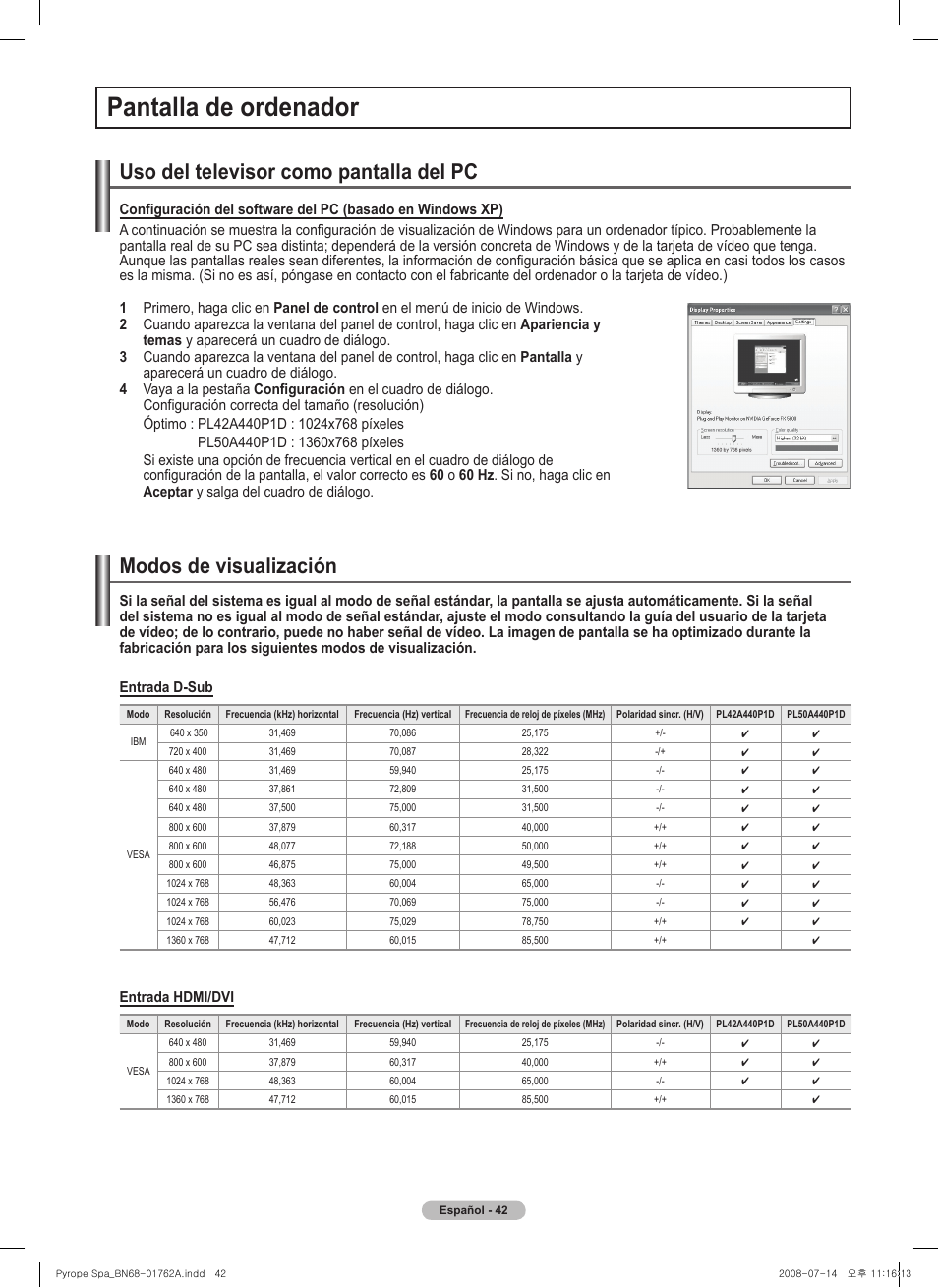 Pantalla de ordenador, Uso del televisor como pantalla del pc, Modos de visualización | Samsung PL50A440P1DXZX User Manual | Page 114 / 145