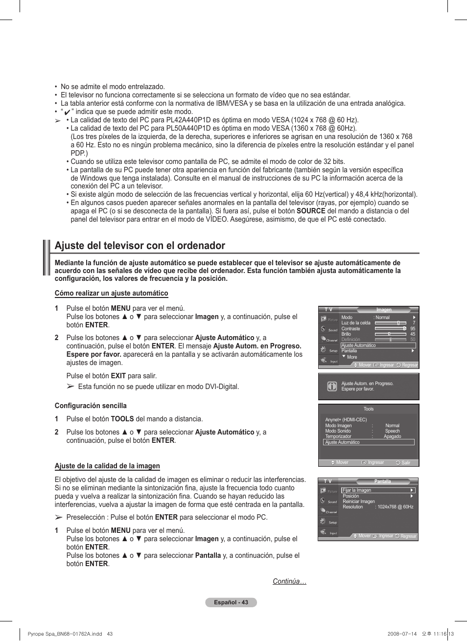 Ajuste del televisor con el ordenador | Samsung PL50A440P1DXZX User Manual | Page 115 / 145