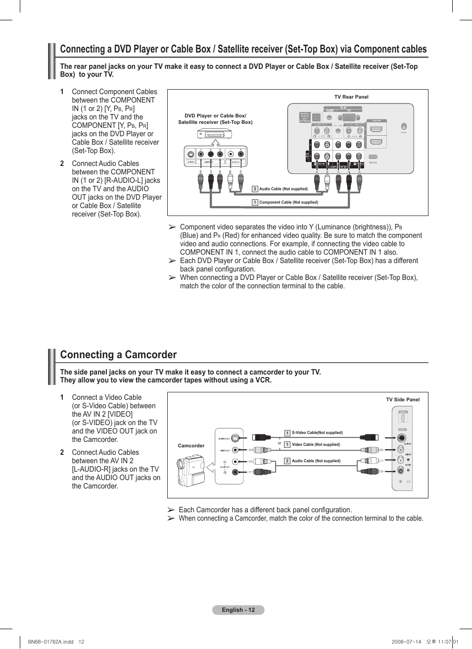 Connecting a camcorder | Samsung PL50A440P1DXZX User Manual | Page 12 / 145