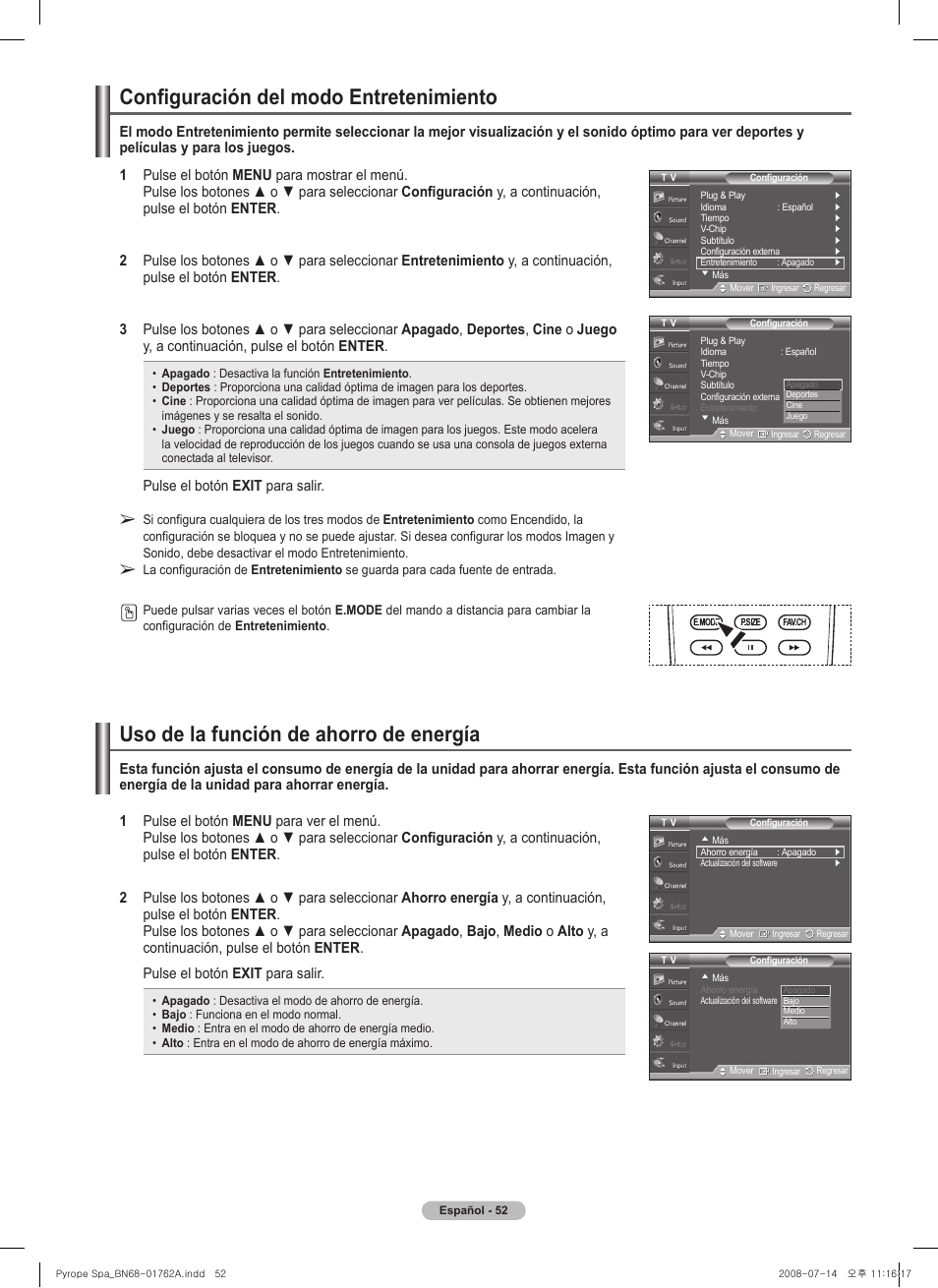Uso de la función de ahorro de energía, Configuración del modo entretenimiento | Samsung PL50A440P1DXZX User Manual | Page 124 / 145