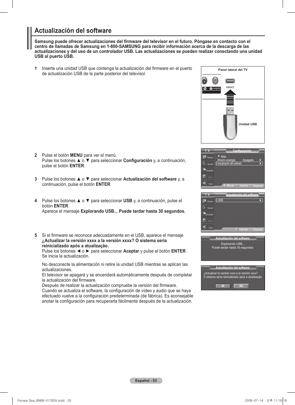 Actualización del software | Samsung PL50A440P1DXZX User Manual | Page 125 / 145