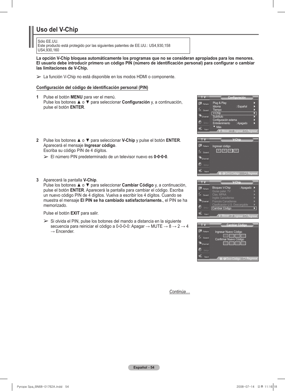 Uso del v-chip | Samsung PL50A440P1DXZX User Manual | Page 126 / 145