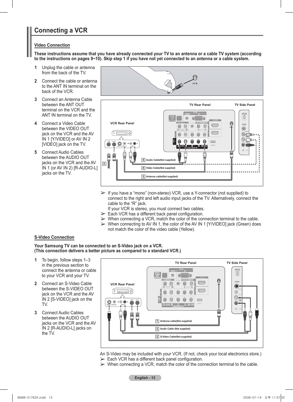 Connecting a vcr | Samsung PL50A440P1DXZX User Manual | Page 13 / 145
