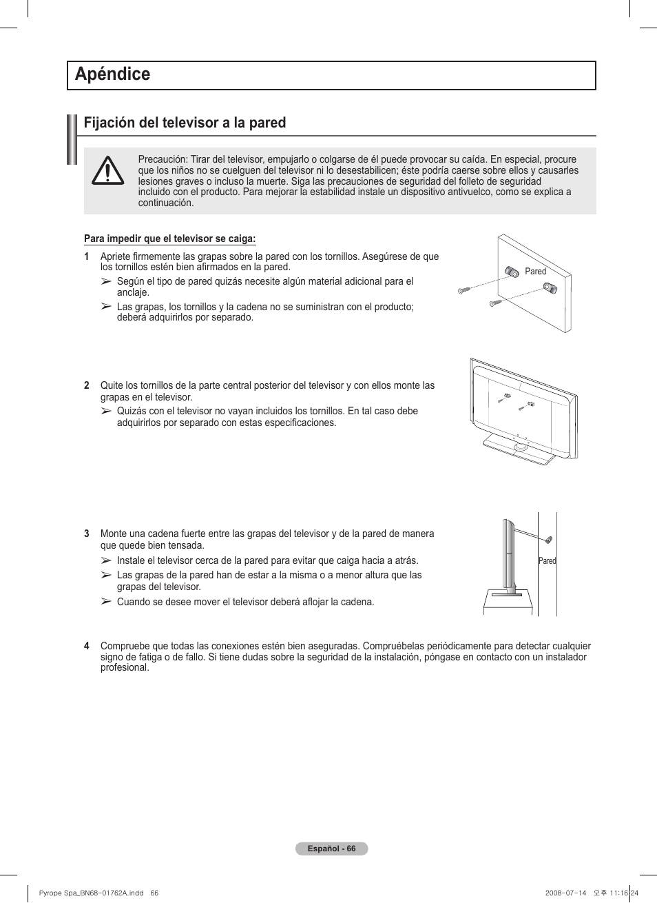 경고 주의 경고 주의, Apéndice, Fijación del televisor a la pared | Samsung PL50A440P1DXZX User Manual | Page 138 / 145