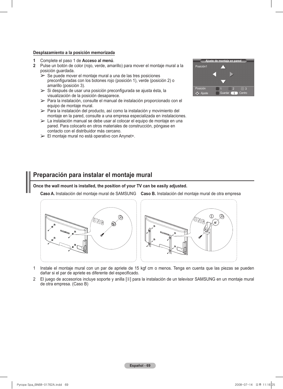 Preparación para instalar el montaje mural | Samsung PL50A440P1DXZX User Manual | Page 141 / 145