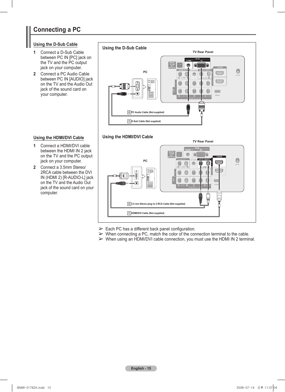 Connecting a pc | Samsung PL50A440P1DXZX User Manual | Page 15 / 145