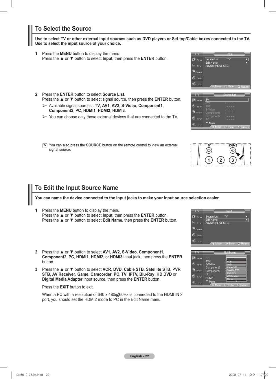To select the source, To edit the input source name | Samsung PL50A440P1DXZX User Manual | Page 22 / 145