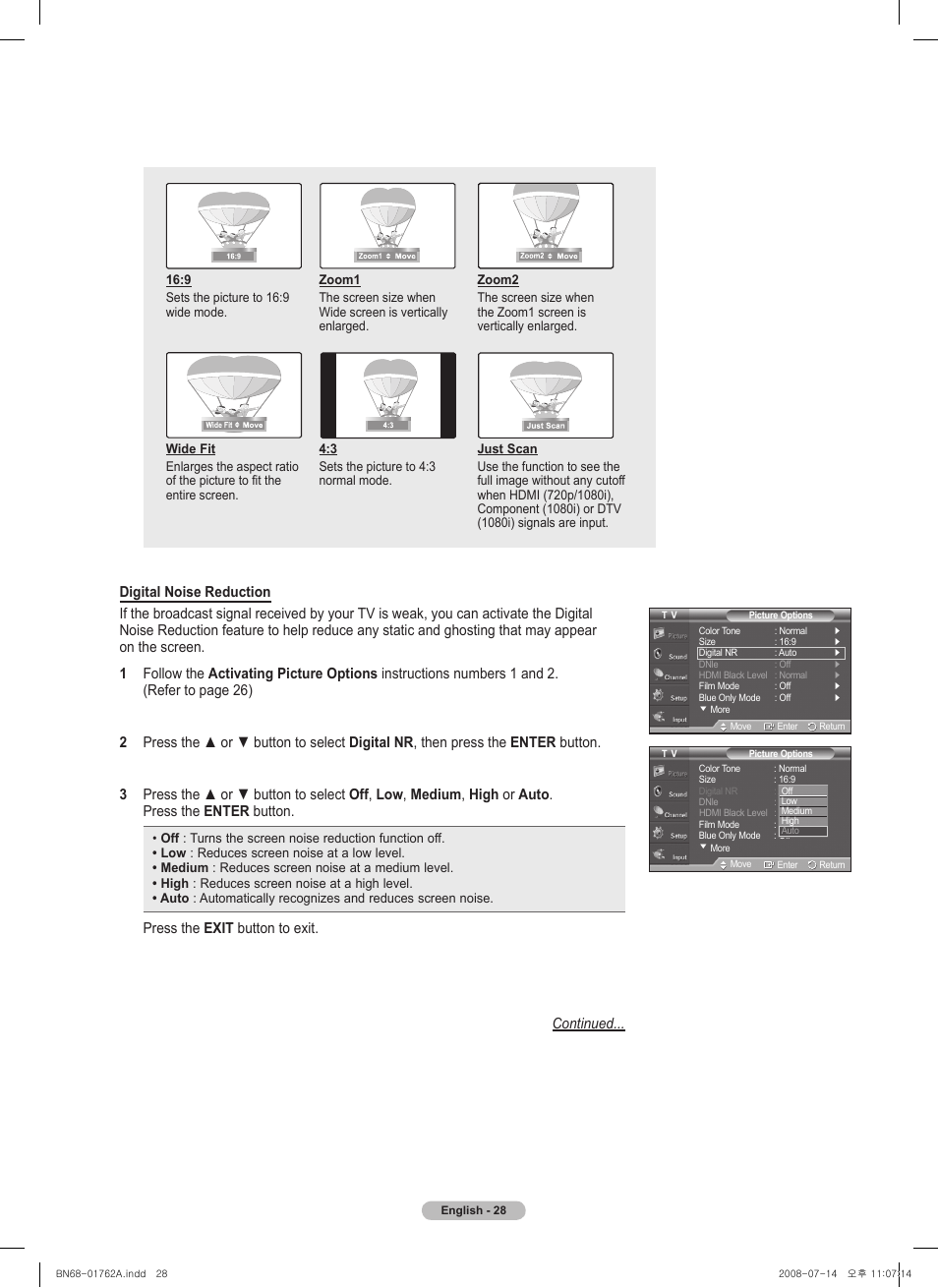 Press the exit button to exit. continued | Samsung PL50A440P1DXZX User Manual | Page 28 / 145