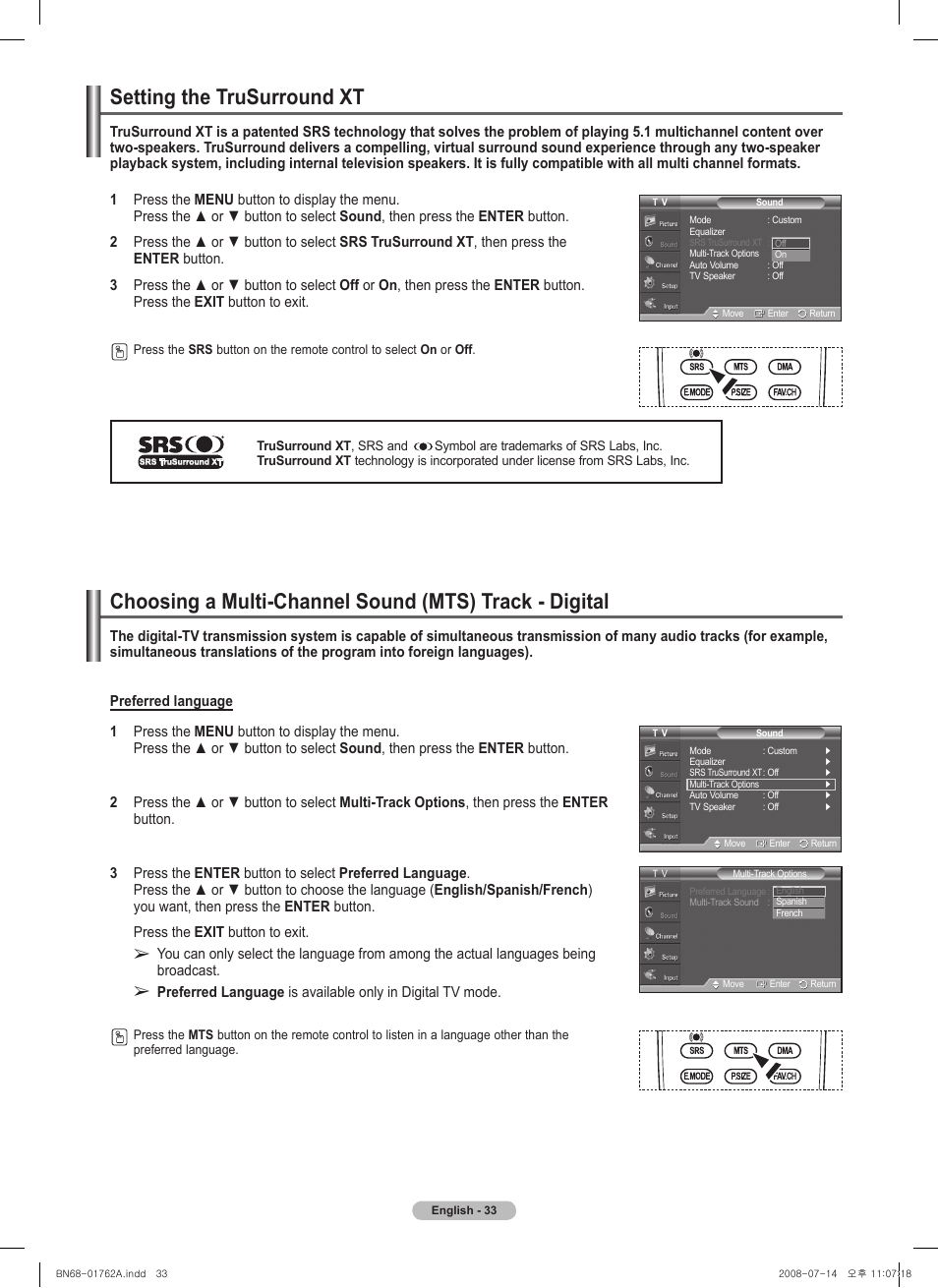 Setting the trusurround xt | Samsung PL50A440P1DXZX User Manual | Page 33 / 145