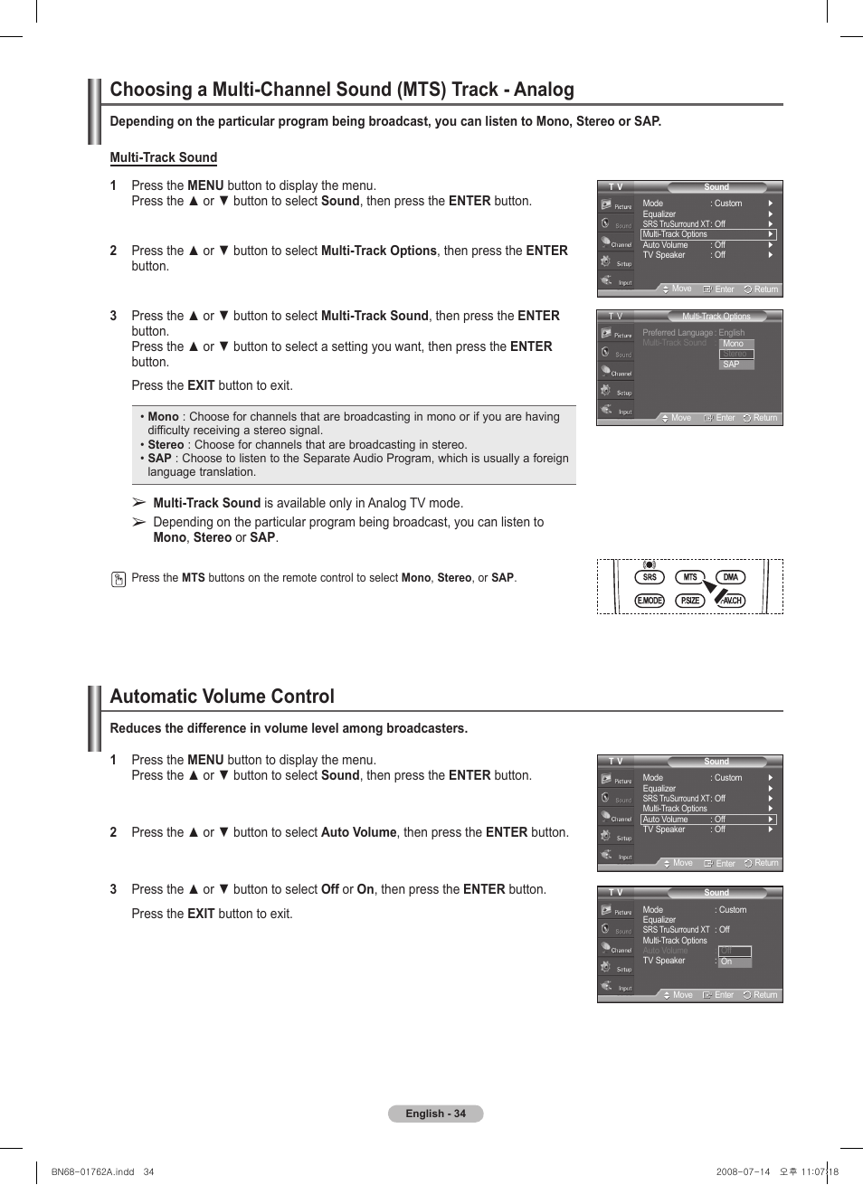 Automatic volume control | Samsung PL50A440P1DXZX User Manual | Page 34 / 145