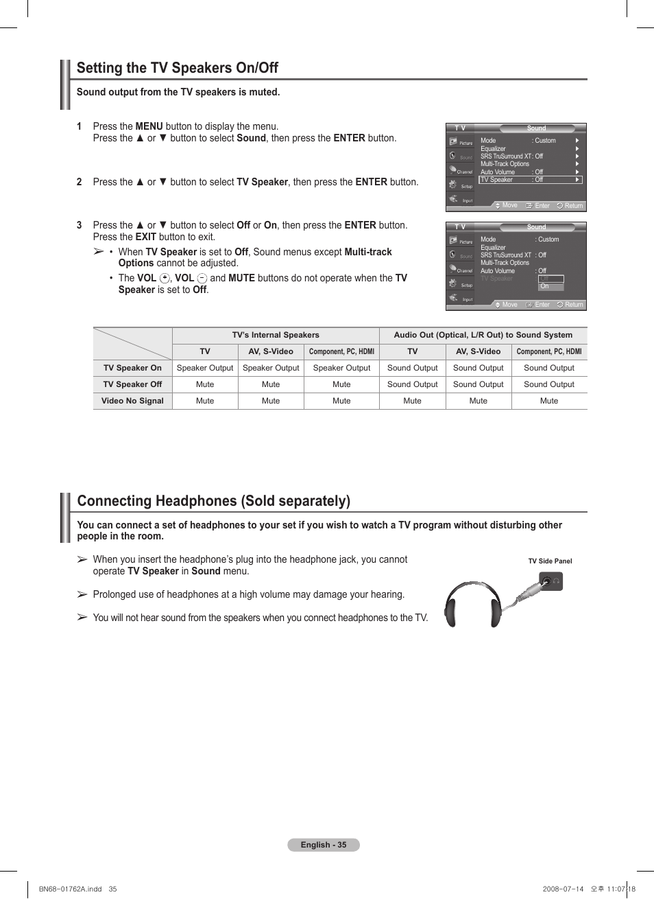 Setting the tv speakers on/off, Connecting headphones (sold separately) | Samsung PL50A440P1DXZX User Manual | Page 35 / 145