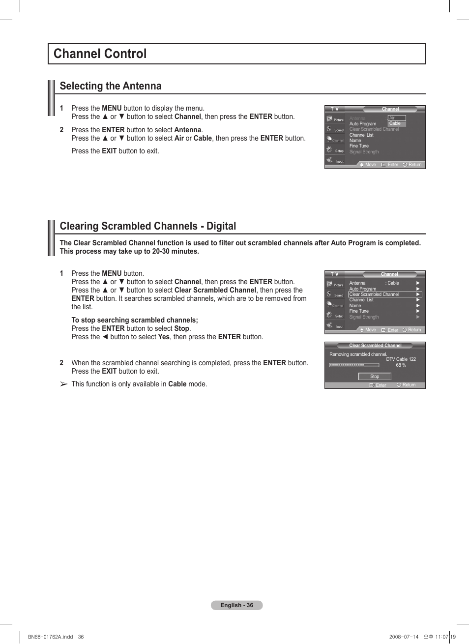 Channel control, Selecting the antenna, Clearing scrambled channels - digital | Samsung PL50A440P1DXZX User Manual | Page 36 / 145