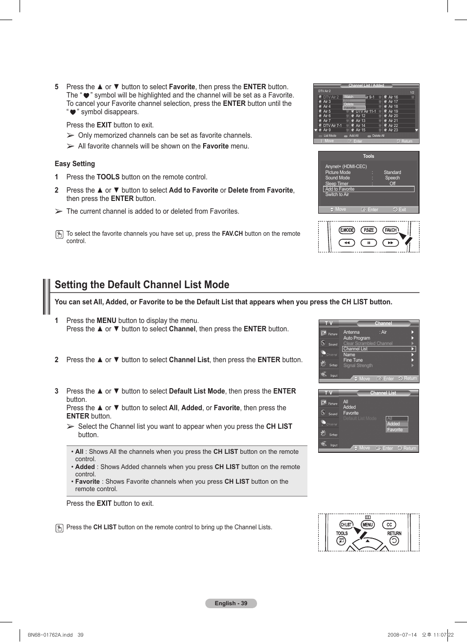Setting the default channel list mode, Press the exit button to exit | Samsung PL50A440P1DXZX User Manual | Page 39 / 145