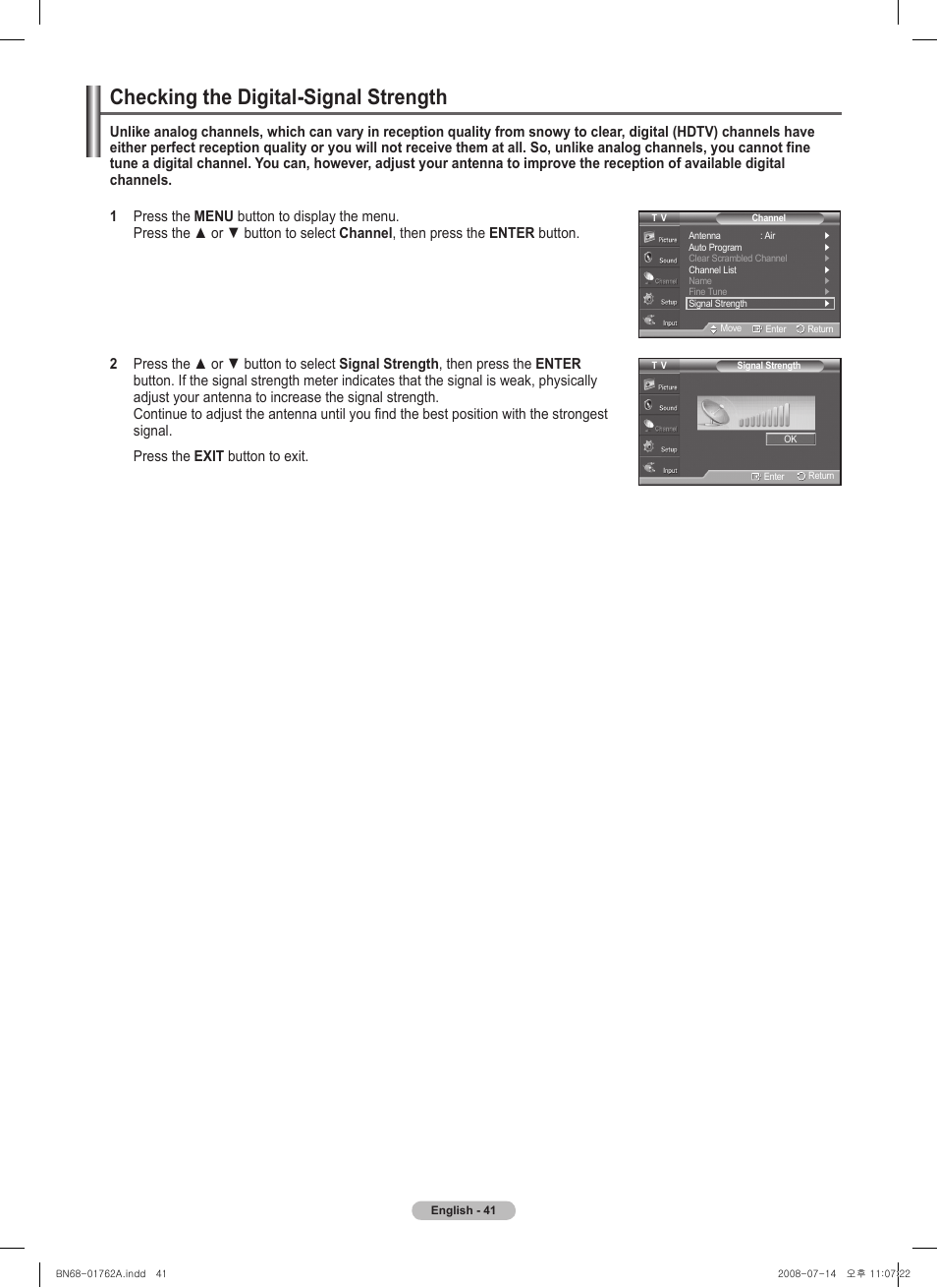 Checking the digital-signal strength | Samsung PL50A440P1DXZX User Manual | Page 41 / 145