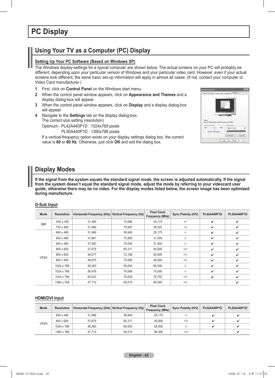 Pc display, Using your tv as a computer (pc) display, Display modes | Samsung PL50A440P1DXZX User Manual | Page 42 / 145