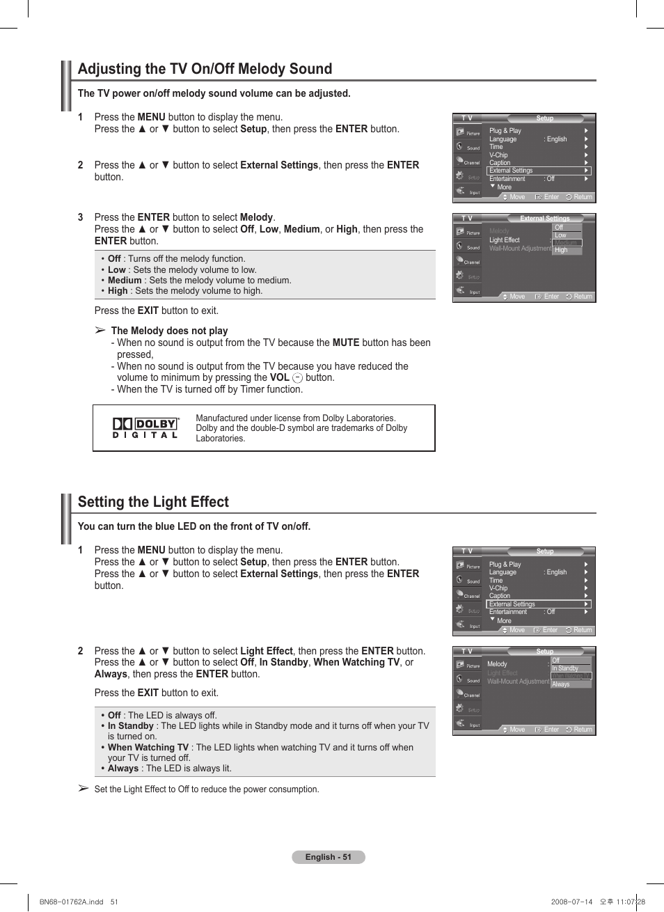 Adjusting the tv on/off melody sound, Setting the light effect | Samsung PL50A440P1DXZX User Manual | Page 51 / 145