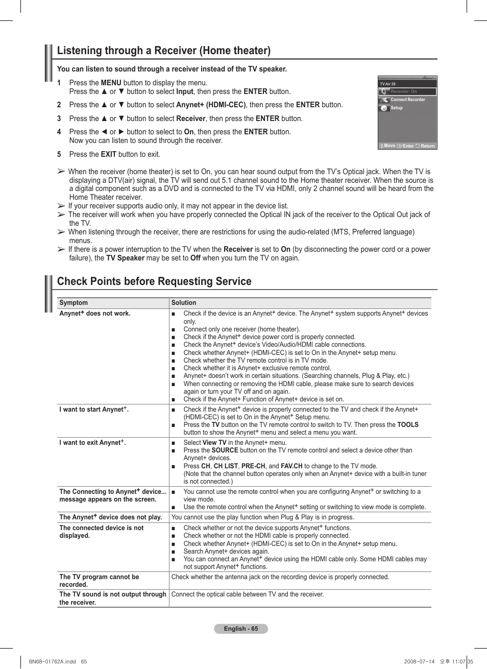 Listening through a receiver (home theater), Check points before requesting service | Samsung PL50A440P1DXZX User Manual | Page 65 / 145