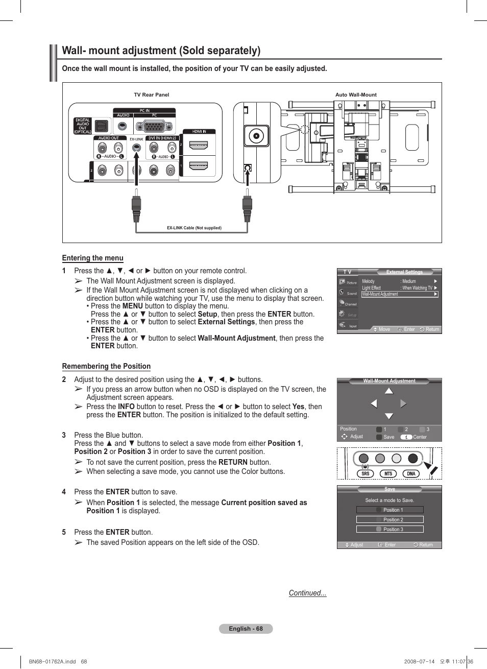 Wall- mount adjustment (sold separately) | Samsung PL50A440P1DXZX User Manual | Page 68 / 145