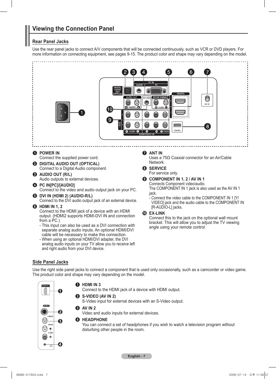 Viewing the connection panel | Samsung PL50A440P1DXZX User Manual | Page 7 / 145