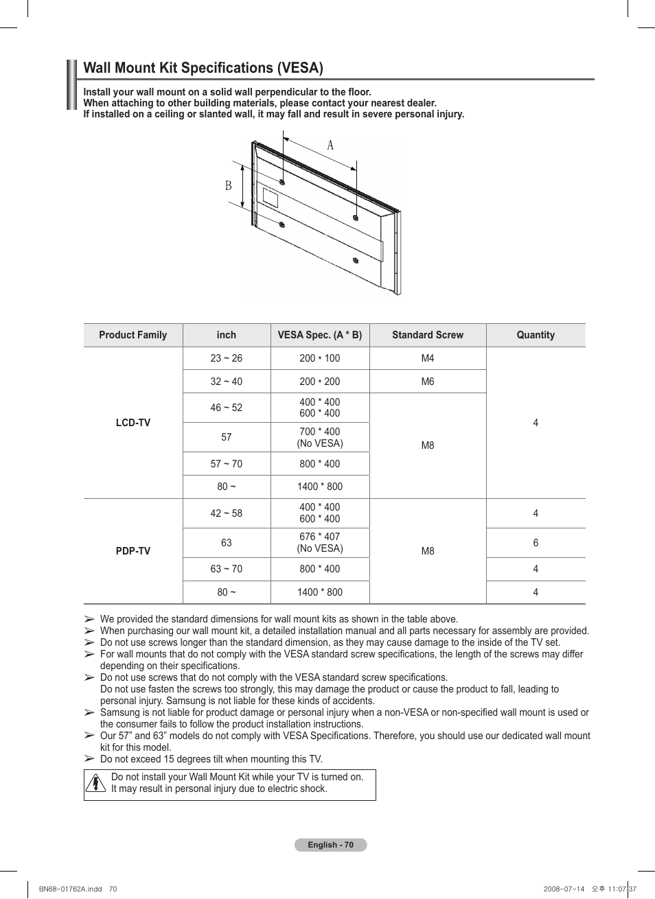 Wall mount kit specifications (vesa) | Samsung PL50A440P1DXZX User Manual | Page 70 / 145