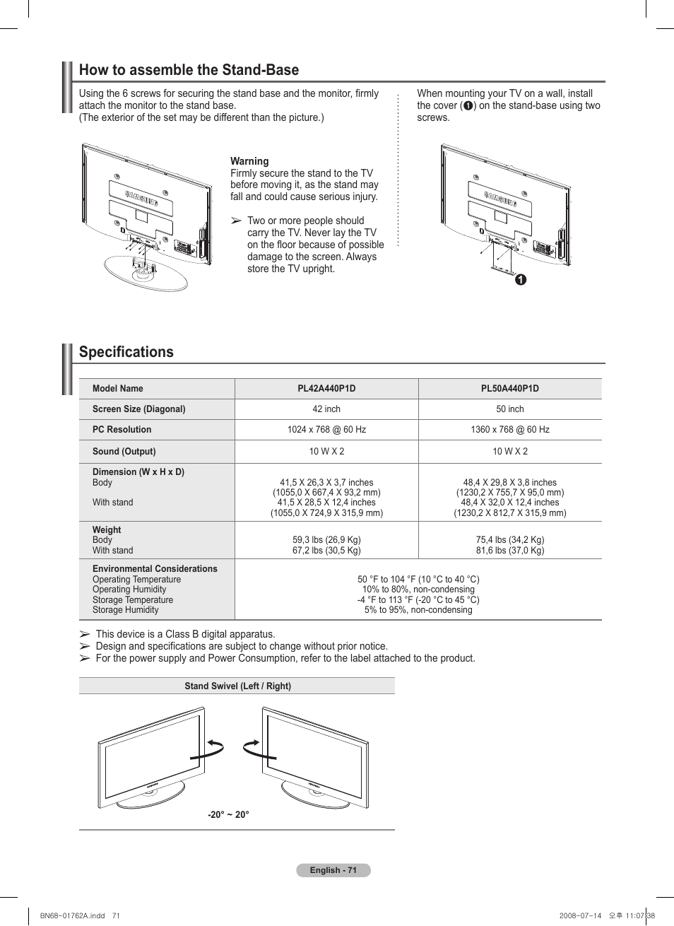 How to assemble the stand-base, Specifications | Samsung PL50A440P1DXZX User Manual | Page 71 / 145