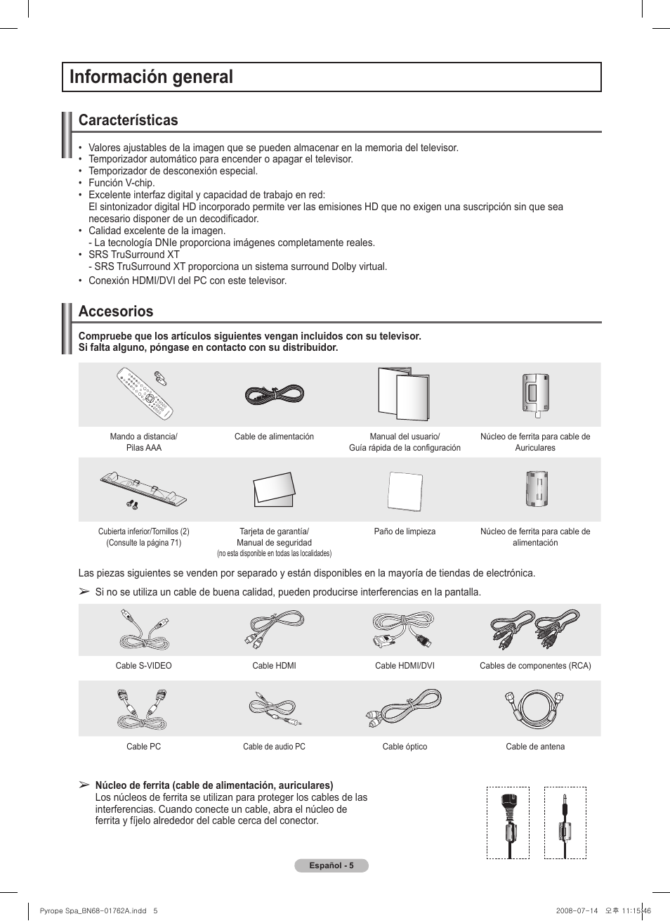 Información general, Características, Accesorios | Samsung PL50A440P1DXZX User Manual | Page 77 / 145