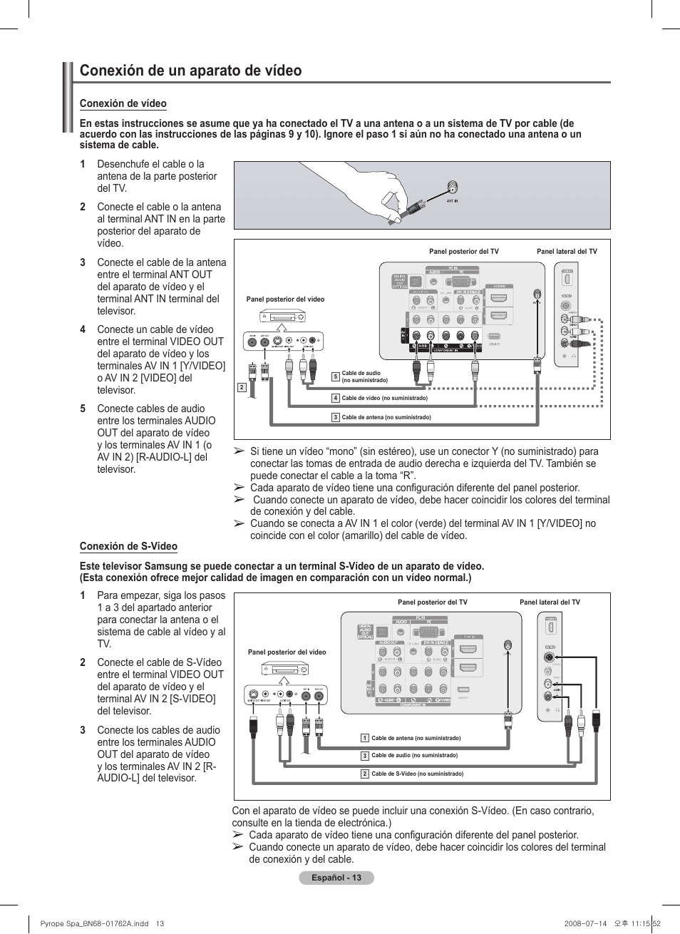 Conexión de un aparato de vídeo | Samsung PL50A440P1DXZX User Manual | Page 85 / 145