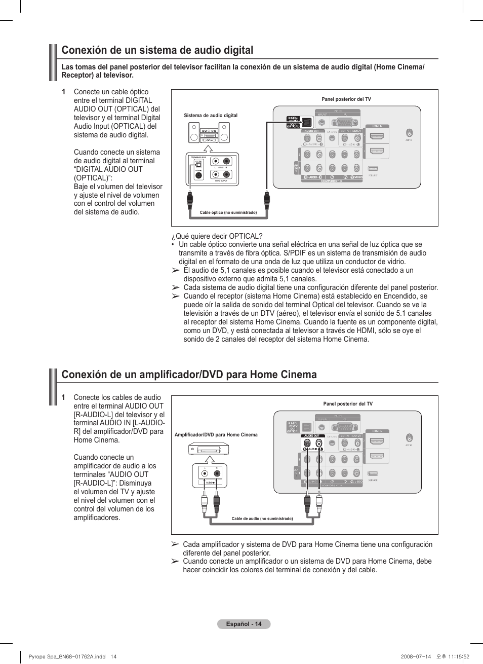 Conexión de un amplificador/dvd para home cinema, Conexión de un sistema de audio digital | Samsung PL50A440P1DXZX User Manual | Page 86 / 145