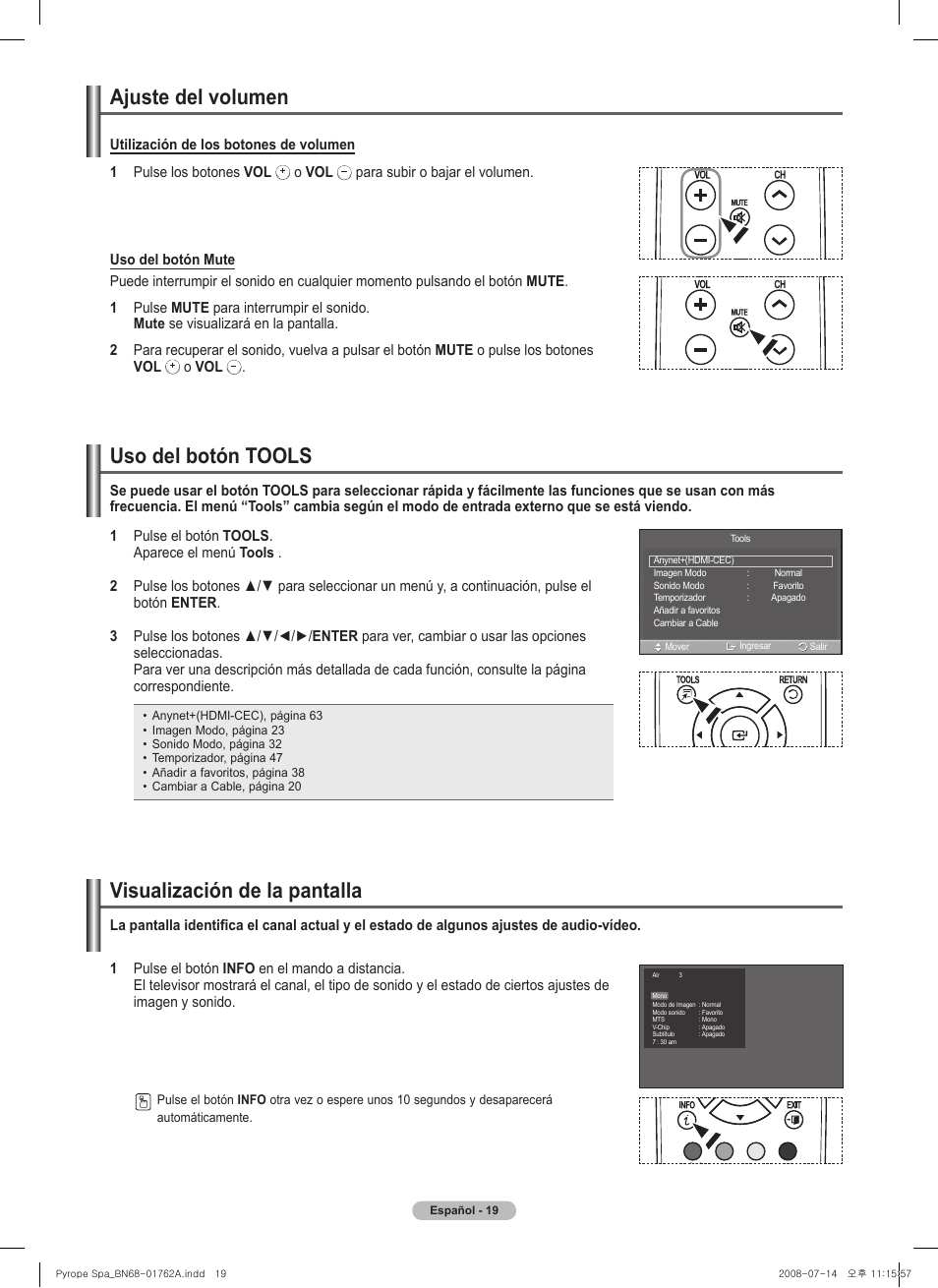 Ajuste del volumen, Visualización de la pantalla, Uso del botón tools | Samsung PL50A440P1DXZX User Manual | Page 91 / 145