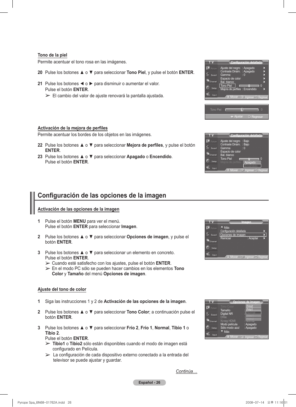 Configuración de las opciones de la imagen | Samsung PL50A440P1DXZX User Manual | Page 98 / 145