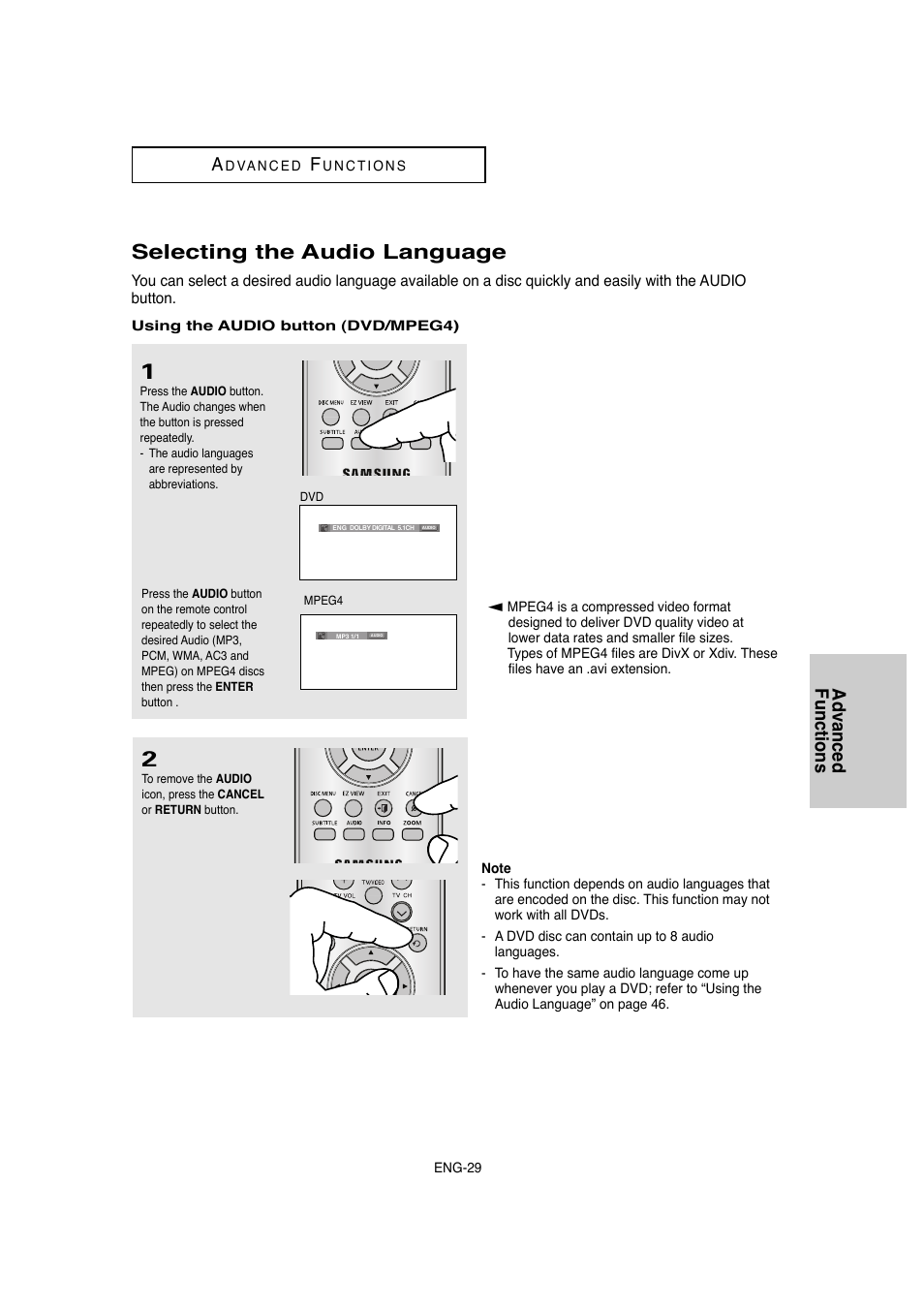 Selecting the audio language, Advanced functions a | Samsung DVD-1080P8-XAA User Manual | Page 29 / 64