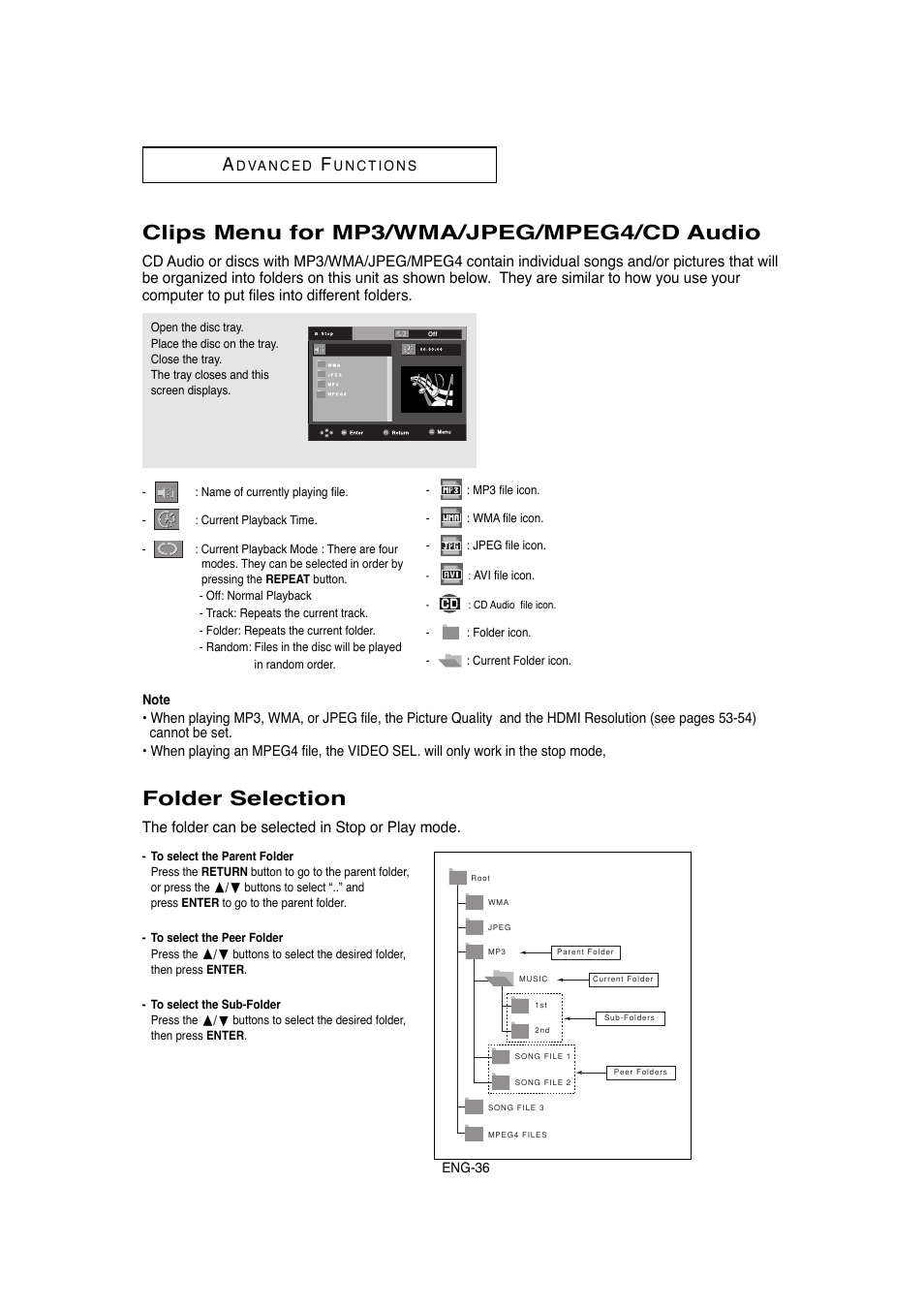 Clips menu for mp3/wma/jpeg/mpeg4/cd audio, Folder selection, The folder can be selected in stop or play mode | Samsung DVD-1080P8-XAA User Manual | Page 36 / 64