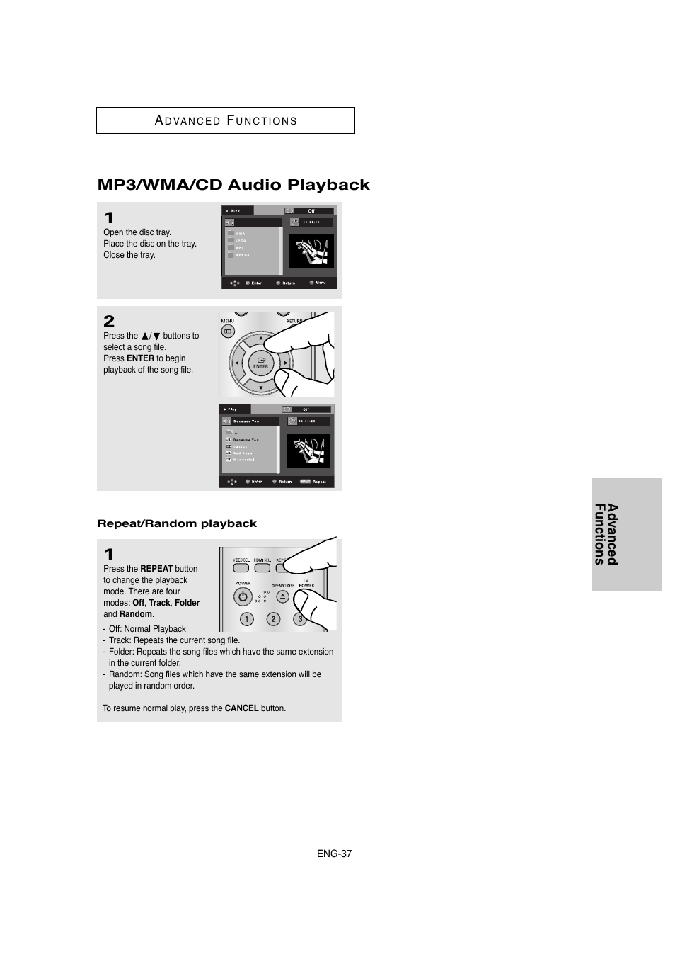 Mp3/wma/cd audio playback, Advanced functions a | Samsung DVD-1080P8-XAA User Manual | Page 37 / 64