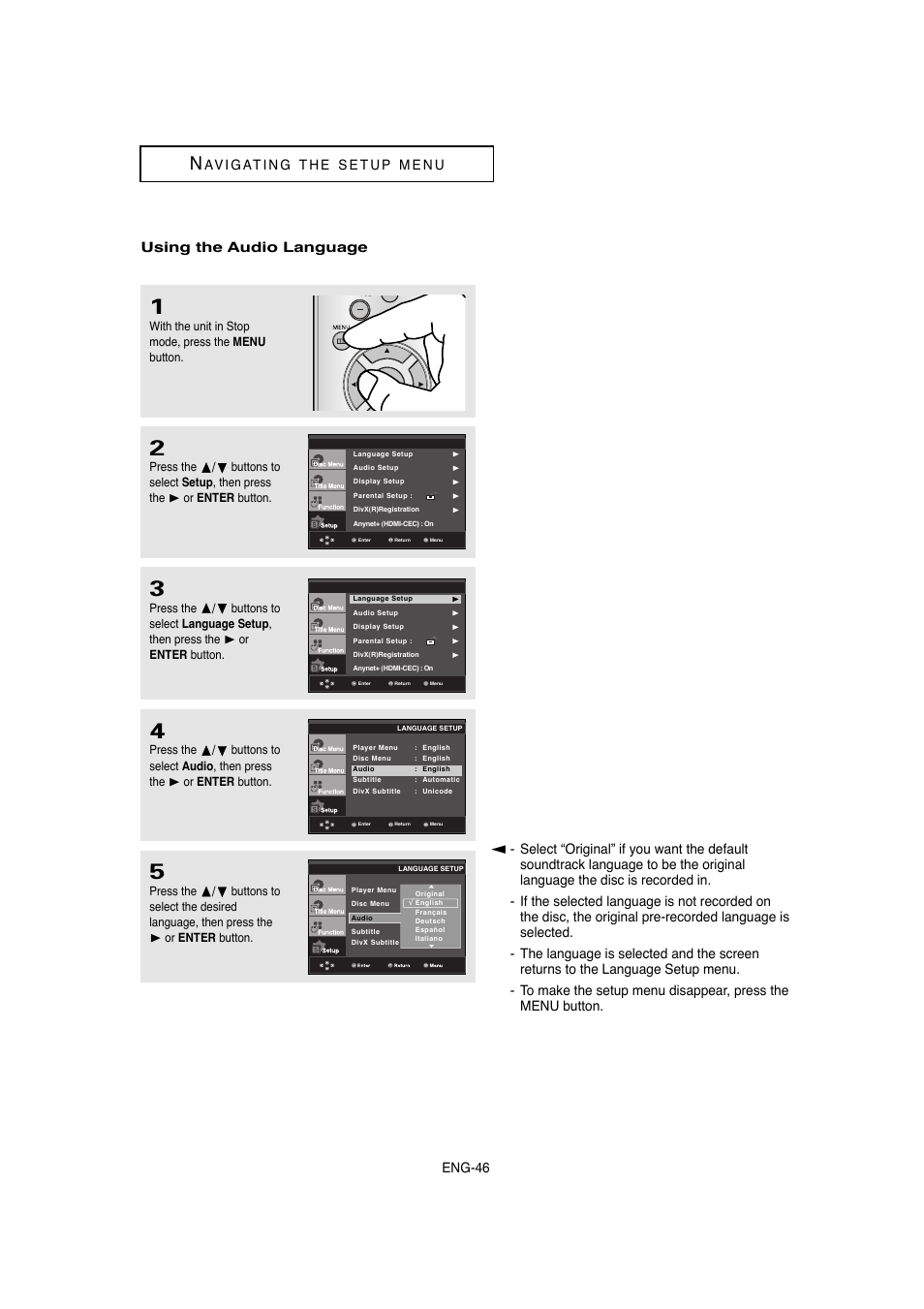 Eng-46 using the audio language | Samsung DVD-1080P8-XAA User Manual | Page 46 / 64
