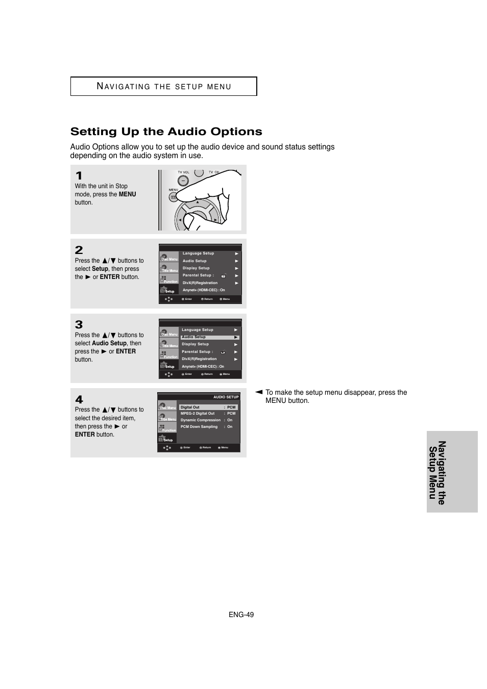 Setting up the audio options, Navigating the setup menu n, Eng-49 | Samsung DVD-1080P8-XAA User Manual | Page 49 / 64