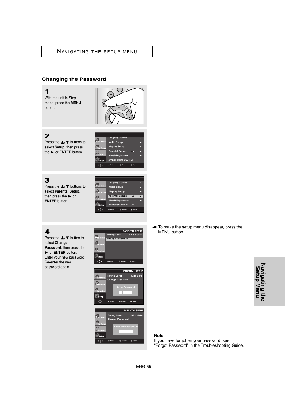Navigating the setup menu n, Eng-55 | Samsung DVD-1080P8-XAA User Manual | Page 55 / 64