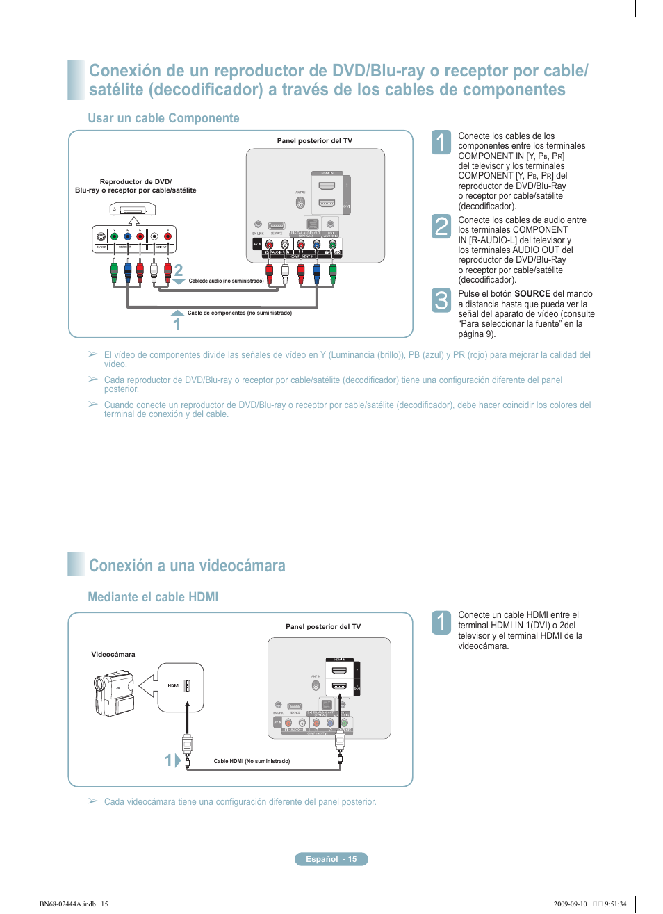 Conexión a una videocámara, Usar un cable componente, Mediante el cable hdmi | Samsung PN42B400P3DXZA User Manual | Page 15 / 35