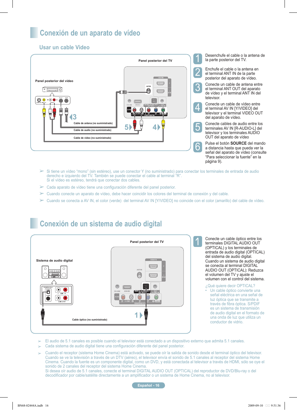 Conexión de un aparato de vídeo, Conexión de un sistema de audio digital | Samsung PN42B400P3DXZA User Manual | Page 16 / 35